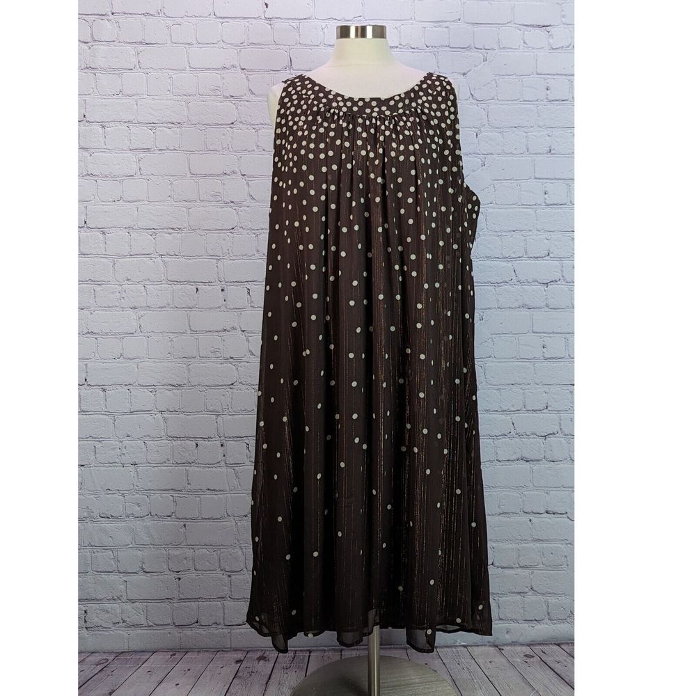 CATHERINES sz 4X Brown & Ivory Polka Dot Dress Metallic Gold Threads Sleeveless